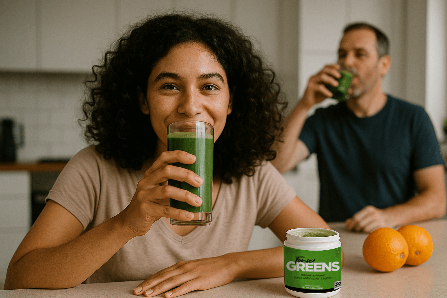 A couple drinking TonicGreens at the kitchen table